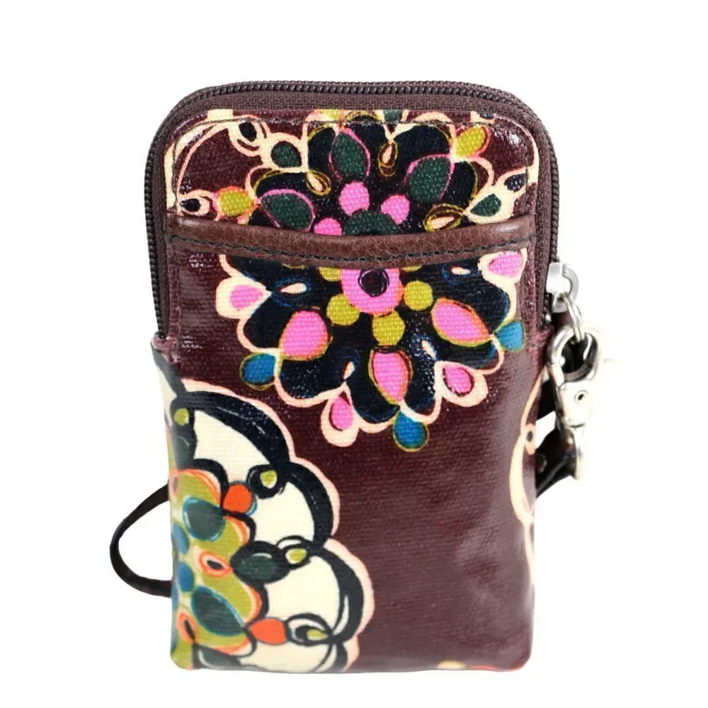 Fossil Key-Per COATED BROWN CANVAS FLORAL PRINT ID BILL CARD ZIP WALLET WRISTLET